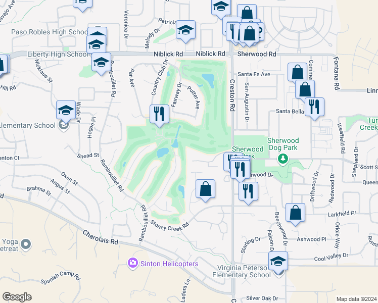 map of restaurants, bars, coffee shops, grocery stores, and more near 128 Flag Way in Paso Robles