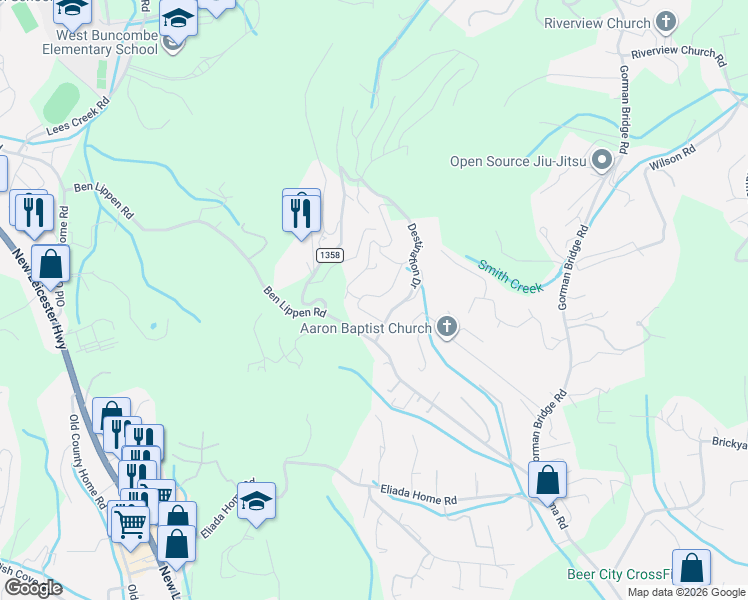 map of restaurants, bars, coffee shops, grocery stores, and more near 13 Destination Drive in Asheville