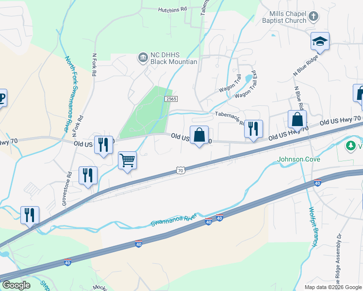 map of restaurants, bars, coffee shops, grocery stores, and more near 1009 Old US Highway 70 in Black Mountain