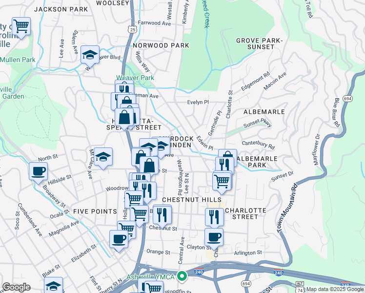 map of restaurants, bars, coffee shops, grocery stores, and more near 1 Linden Avenue in Asheville
