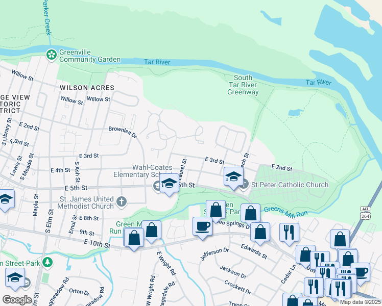 map of restaurants, bars, coffee shops, grocery stores, and more near 2401 East 3rd Street in Greenville