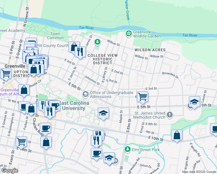 map of restaurants, bars, coffee shops, grocery stores, and more near 1305 East 4th Street in Greenville