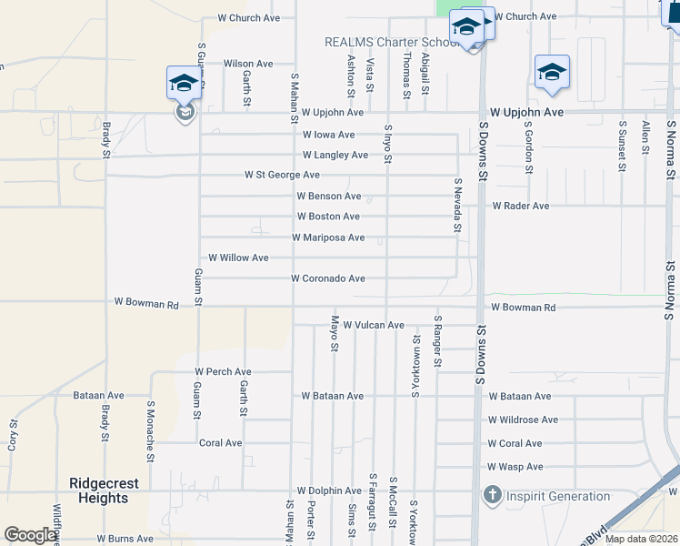 map of restaurants, bars, coffee shops, grocery stores, and more near 1145 West Coronado Avenue in Ridgecrest