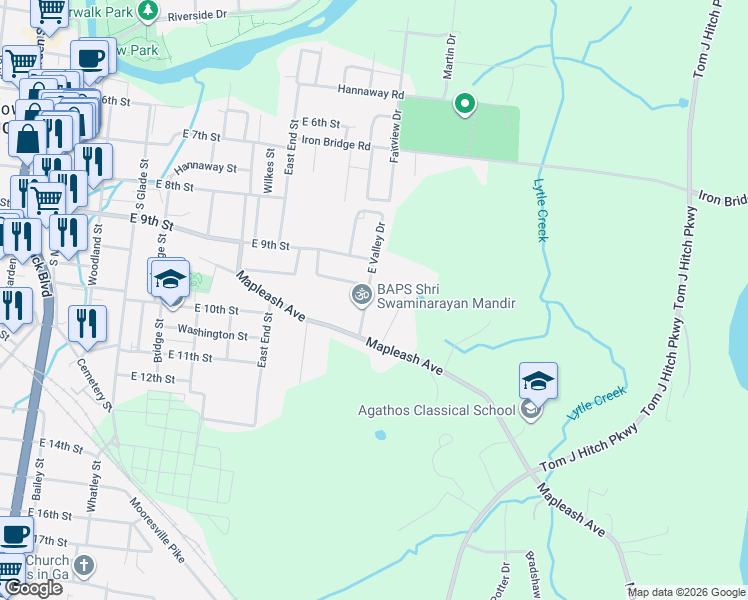 map of restaurants, bars, coffee shops, grocery stores, and more near 1025 East Valley Drive in Columbia