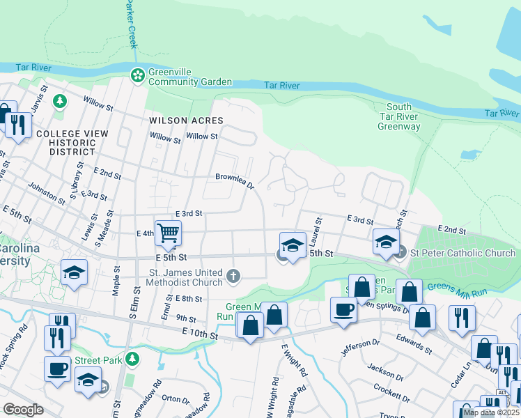 map of restaurants, bars, coffee shops, grocery stores, and more near 322 Brownlea Drive in Greenville