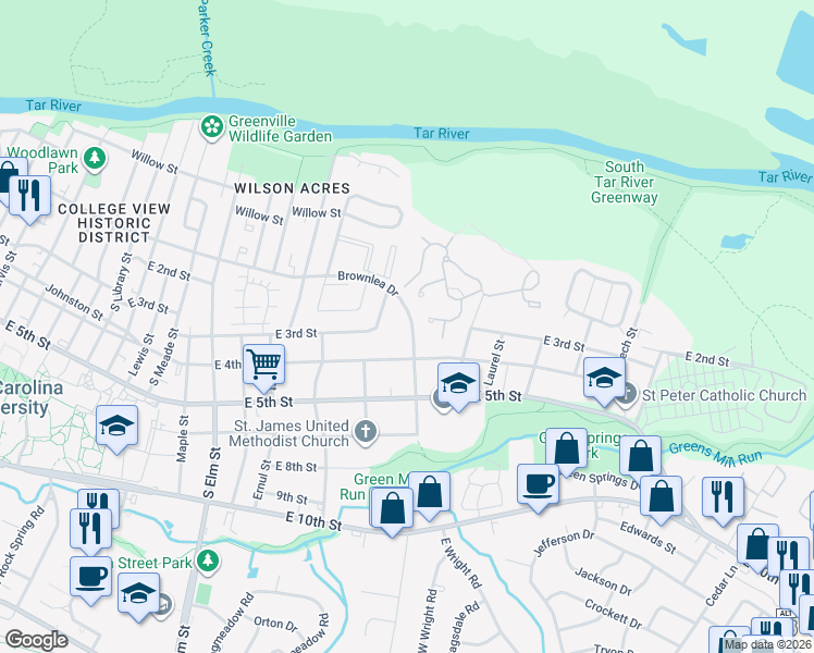 map of restaurants, bars, coffee shops, grocery stores, and more near 334 Brownlea Drive in Greenville