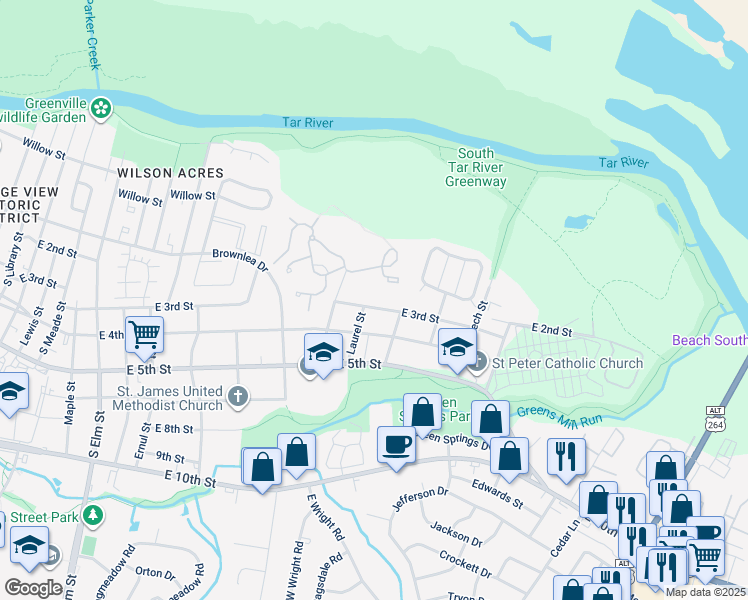map of restaurants, bars, coffee shops, grocery stores, and more near 2401 East 3rd Street in Greenville