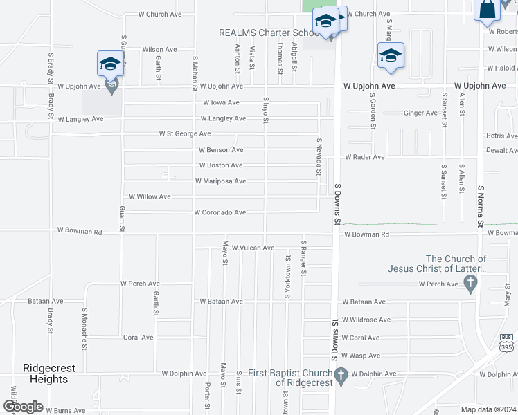 map of restaurants, bars, coffee shops, grocery stores, and more near 1104 West Coronado Avenue in Ridgecrest