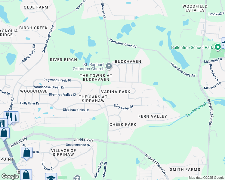map of restaurants, bars, coffee shops, grocery stores, and more near 704 Varina Lane in Fuquay Varina