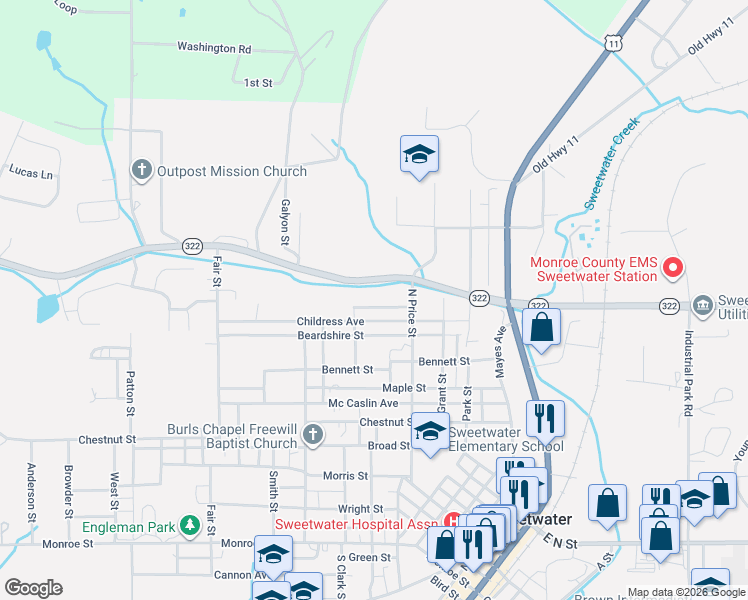 map of restaurants, bars, coffee shops, grocery stores, and more near 606 Childress Avenue in Sweetwater