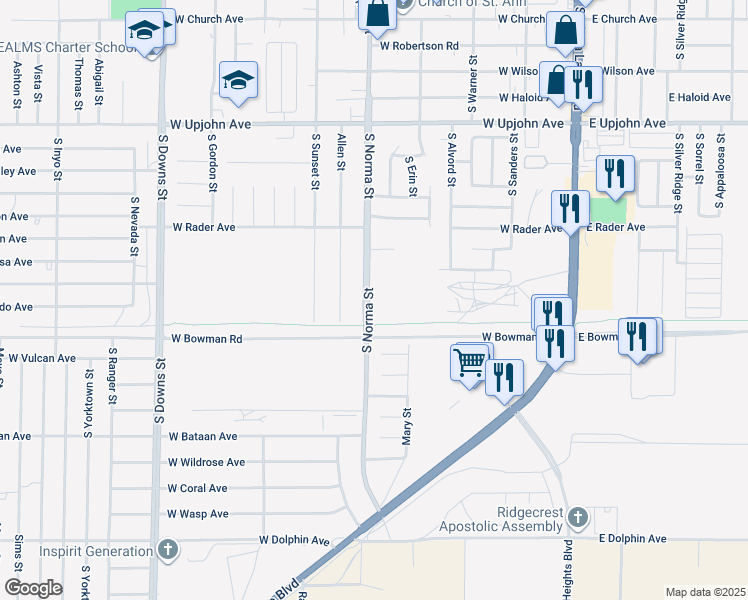 map of restaurants, bars, coffee shops, grocery stores, and more near 832 South Norma Street in Ridgecrest