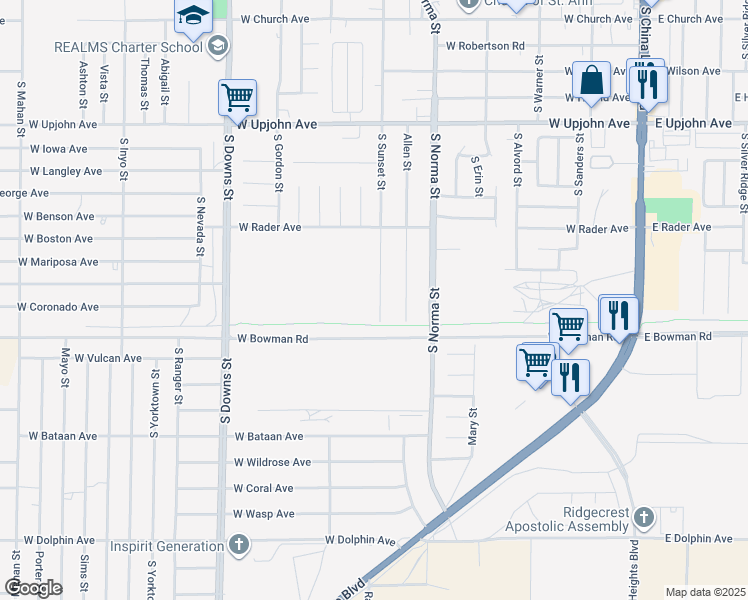map of restaurants, bars, coffee shops, grocery stores, and more near 817 South Sunset Street in Ridgecrest