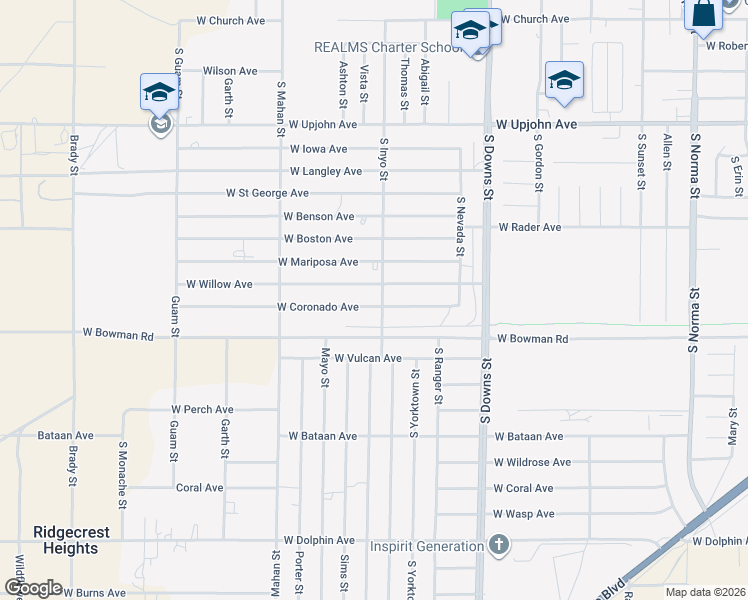 map of restaurants, bars, coffee shops, grocery stores, and more near 1109 West Coronado Avenue in Ridgecrest