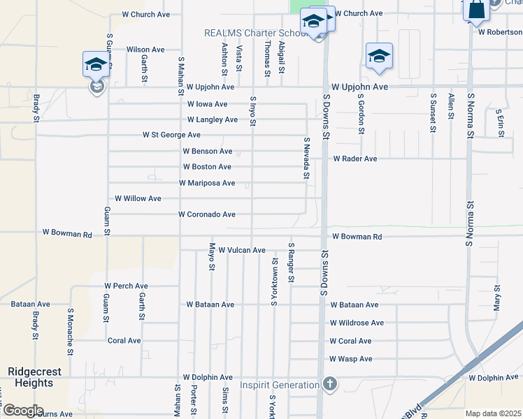 map of restaurants, bars, coffee shops, grocery stores, and more near 1033 West Coronado Avenue in Ridgecrest