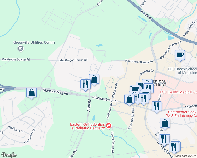 map of restaurants, bars, coffee shops, grocery stores, and more near 1015 Allen Road in Greenville