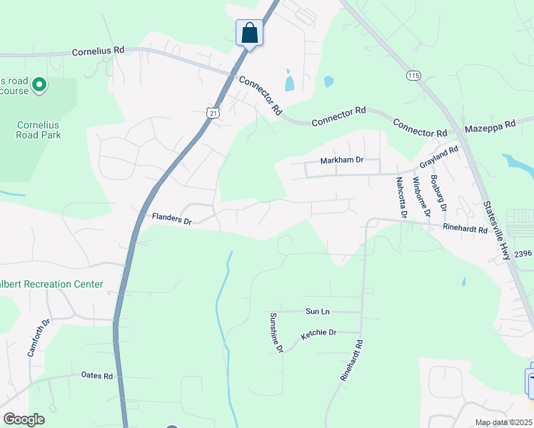 map of restaurants, bars, coffee shops, grocery stores, and more near Thorsen Drive in Mooresville