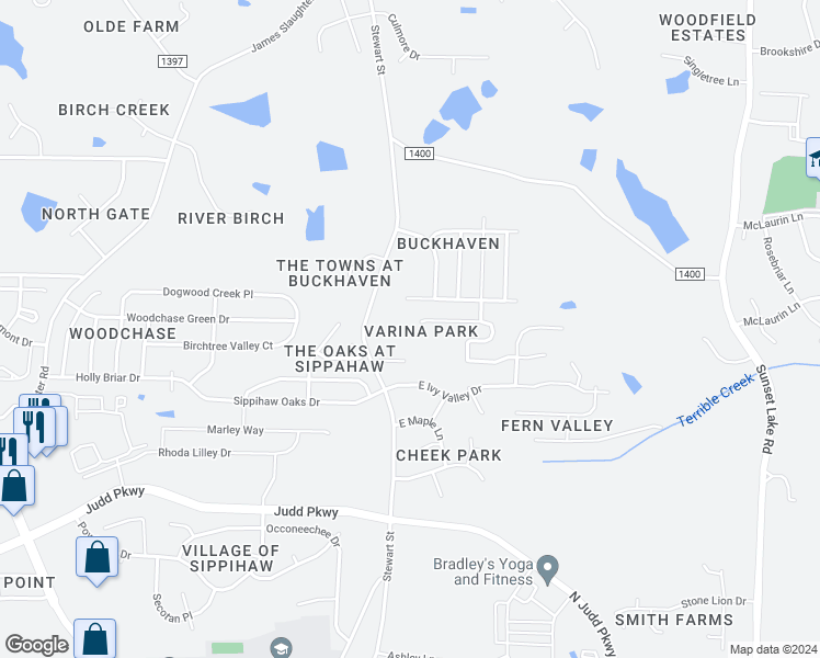 map of restaurants, bars, coffee shops, grocery stores, and more near 704 Varina Lane in Fuquay Varina