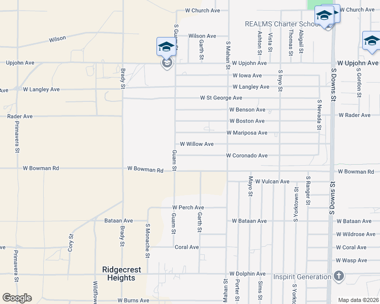 map of restaurants, bars, coffee shops, grocery stores, and more near 1429 West Coronado Avenue in Ridgecrest