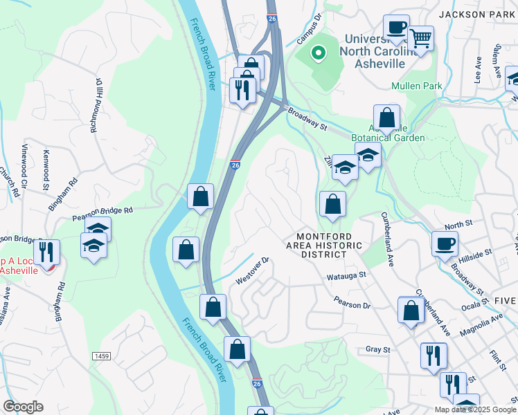 map of restaurants, bars, coffee shops, grocery stores, and more near 37 Hibriten Drive in Asheville
