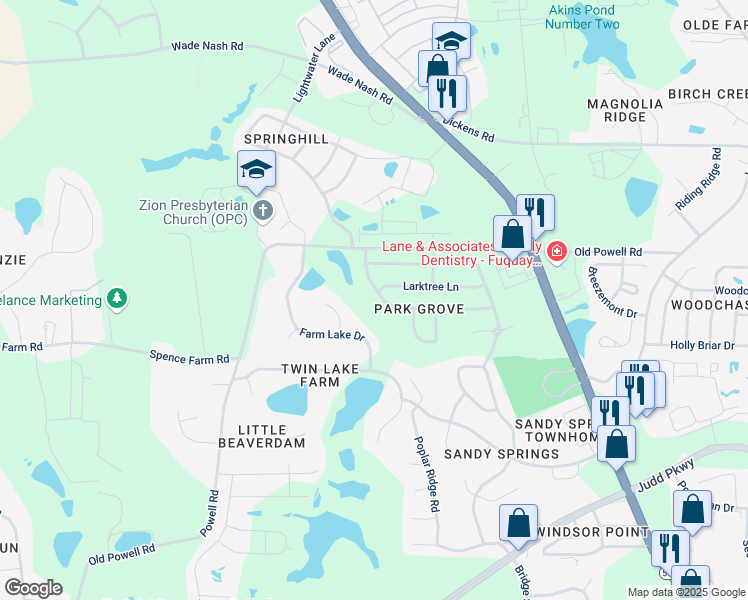 map of restaurants, bars, coffee shops, grocery stores, and more near 355 Ashdale Drive in Fuquay Varina