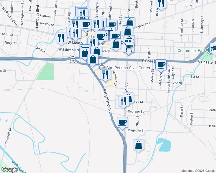 map of restaurants, bars, coffee shops, grocery stores, and more near 515 South Highland Avenue in Jackson
