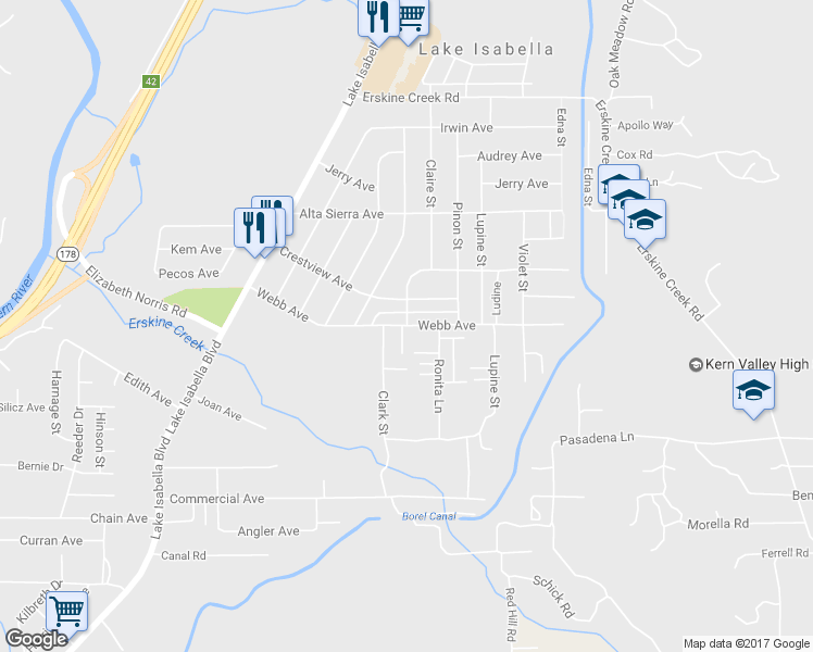 map of restaurants, bars, coffee shops, grocery stores, and more near Webb Avenue in Lake Isabella