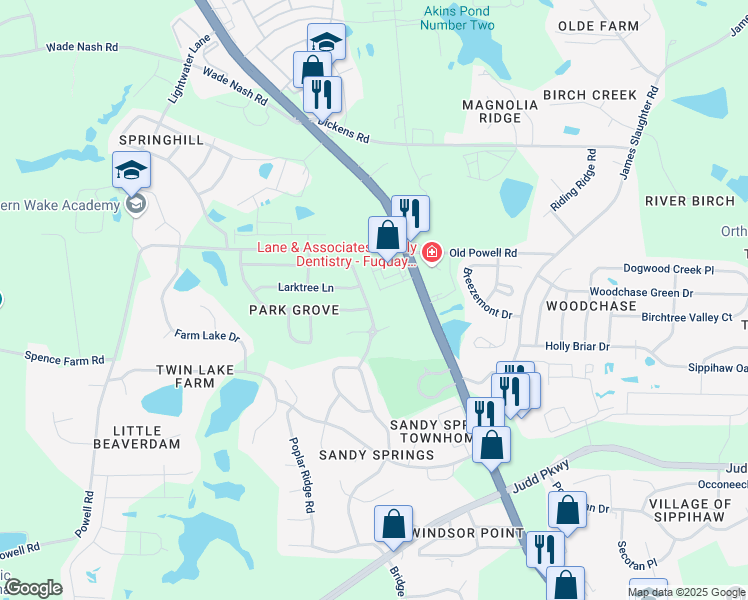 map of restaurants, bars, coffee shops, grocery stores, and more near 1824 Devonridge Drive in Fuquay Varina