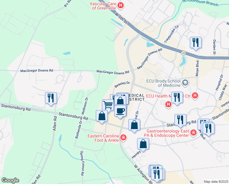 map of restaurants, bars, coffee shops, grocery stores, and more near 410 Beasley Drive in Greenville