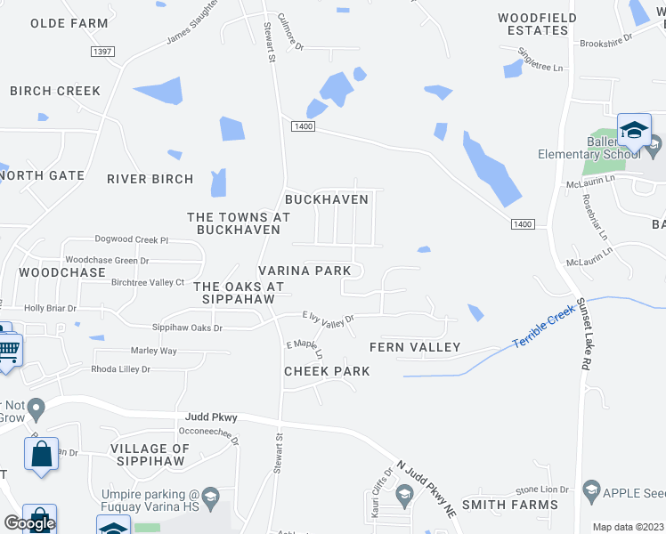 map of restaurants, bars, coffee shops, grocery stores, and more near 740 Varina Lane in Fuquay Varina