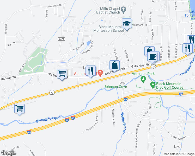 map of restaurants, bars, coffee shops, grocery stores, and more near 1095 Old US Highway 70 in Black Mountain