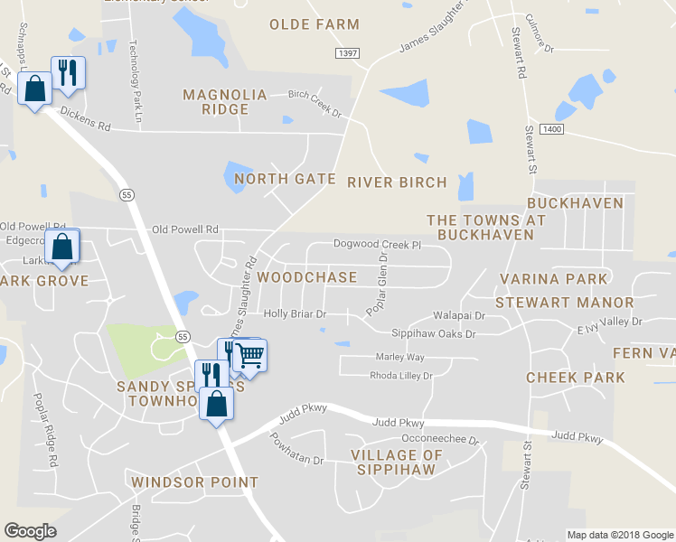 map of restaurants, bars, coffee shops, grocery stores, and more near 404 Woodchase Green Drive in Fuquay Varina