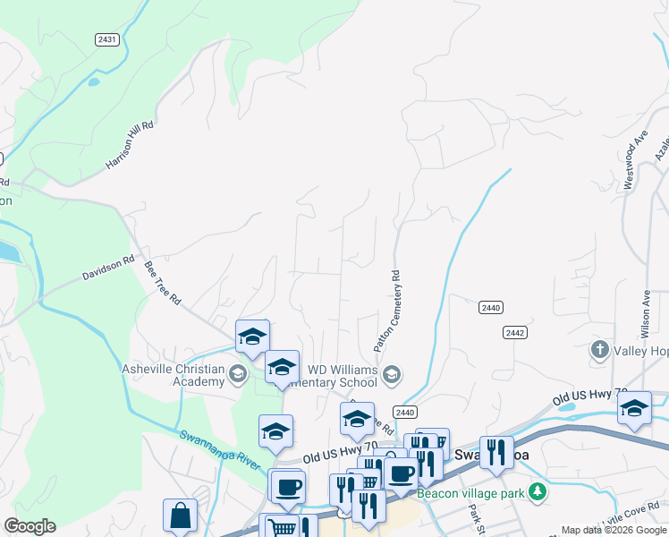map of restaurants, bars, coffee shops, grocery stores, and more near 156 Mountain Crest Road in Swannanoa