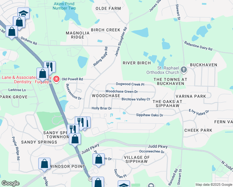 map of restaurants, bars, coffee shops, grocery stores, and more near 404 Woodchase Green Drive in Fuquay Varina