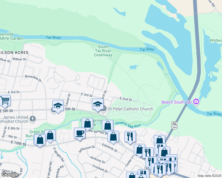 map of restaurants, bars, coffee shops, grocery stores, and more near 255 Beech Street in Greenville