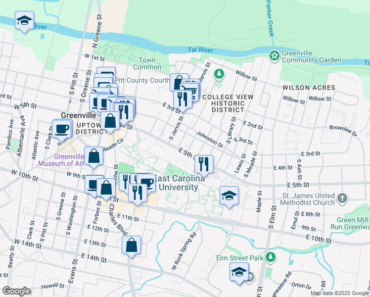 map of restaurants, bars, coffee shops, grocery stores, and more near 900-978 E 5th St in Greenville