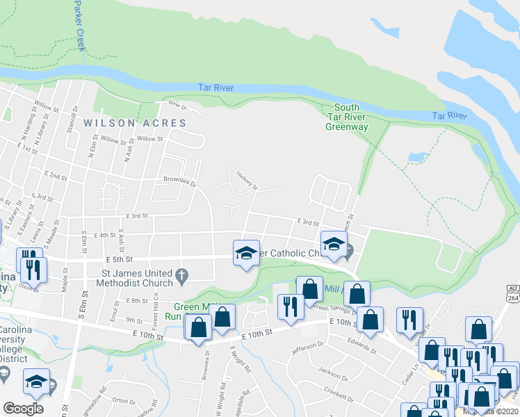 map of restaurants, bars, coffee shops, grocery stores, and more near 2303 East 3rd Street in Greenville