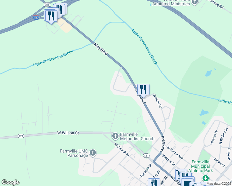 map of restaurants, bars, coffee shops, grocery stores, and more near 3386 Planters Way Drive in Farmville