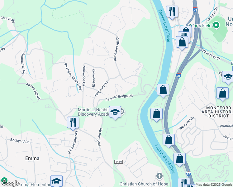 map of restaurants, bars, coffee shops, grocery stores, and more near 1 Otis Campbell Road in Asheville