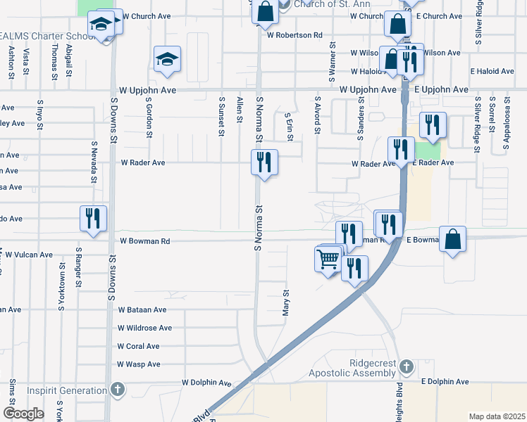 map of restaurants, bars, coffee shops, grocery stores, and more near 820 South Norma Street in Ridgecrest