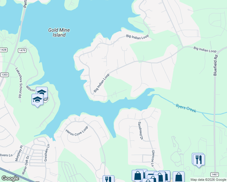 map of restaurants, bars, coffee shops, grocery stores, and more near 136 McInnis Road in Mooresville