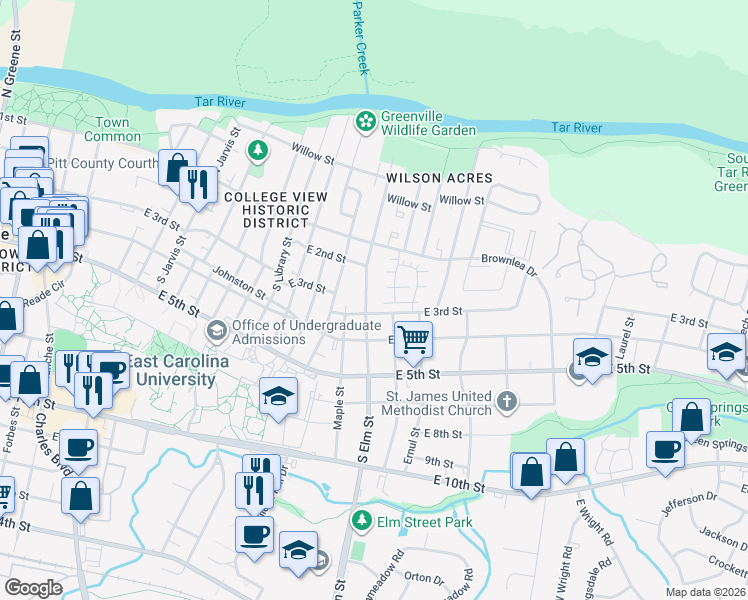 map of restaurants, bars, coffee shops, grocery stores, and more near 1702 East 3rd Street in Greenville