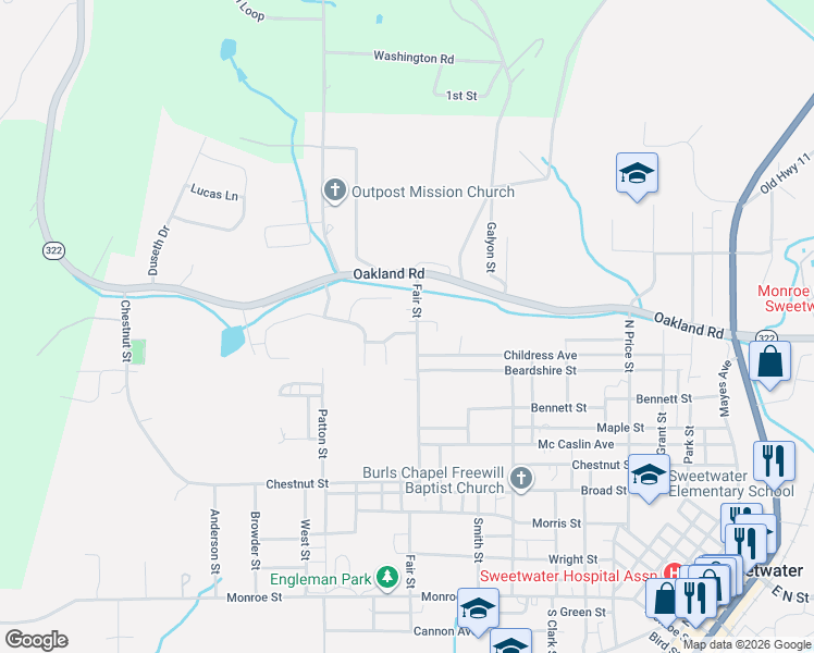 map of restaurants, bars, coffee shops, grocery stores, and more near 126 Basswood Drive in Sweetwater