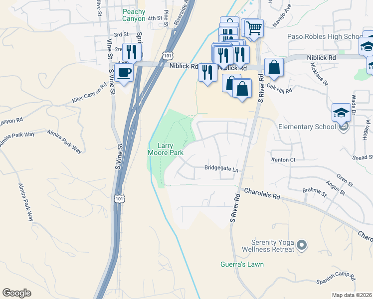map of restaurants, bars, coffee shops, grocery stores, and more near 152 Riverbank Lane in Paso Robles