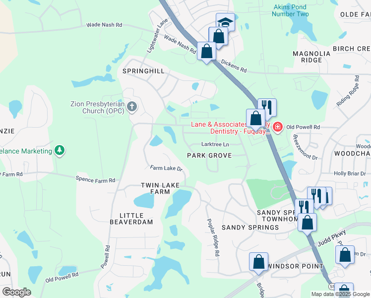 map of restaurants, bars, coffee shops, grocery stores, and more near 421 Ashdale Drive in Fuquay-Varina