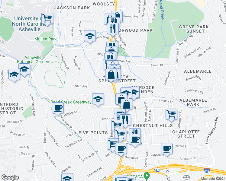 map of restaurants, bars, coffee shops, grocery stores, and more near 300 Merrimon Avenue in Asheville