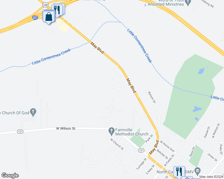 map of restaurants, bars, coffee shops, grocery stores, and more near 3386 Planters Way Drive in Farmville