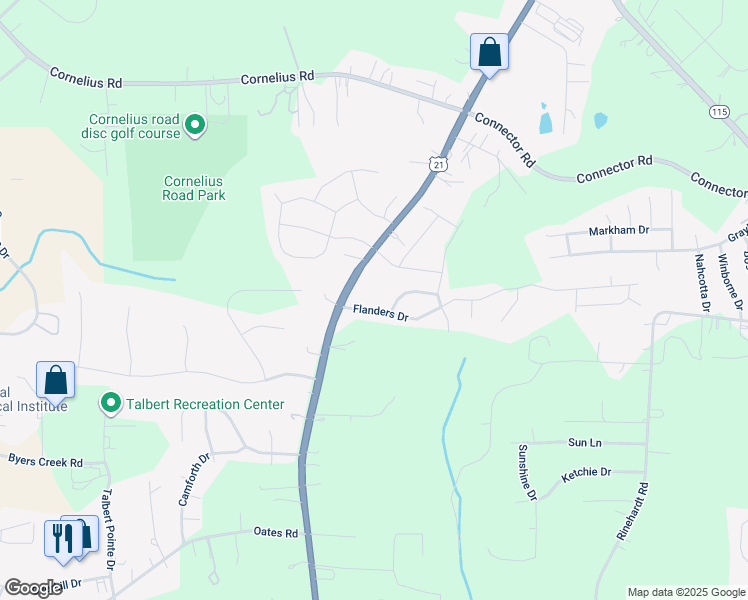 map of restaurants, bars, coffee shops, grocery stores, and more near Flanders Drive in Mooresville