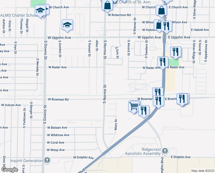 map of restaurants, bars, coffee shops, grocery stores, and more near 425 Rick Court in Ridgecrest