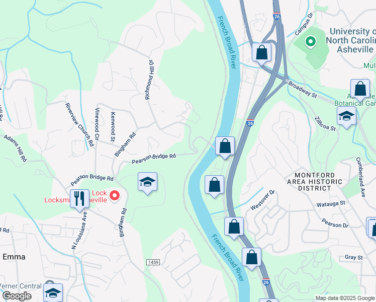 map of restaurants, bars, coffee shops, grocery stores, and more near 12 Conscious Way in Asheville