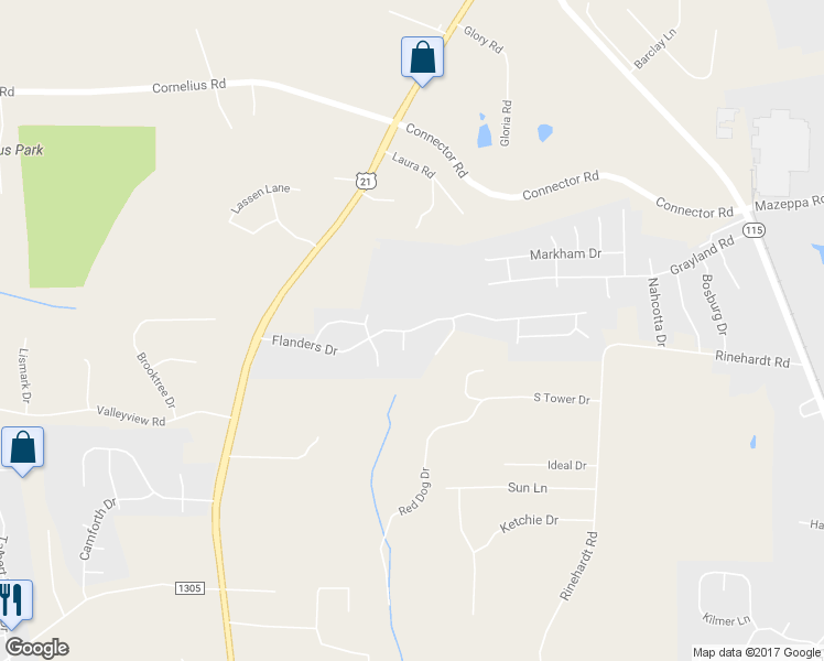 map of restaurants, bars, coffee shops, grocery stores, and more near Flanders Drive in Mooresville